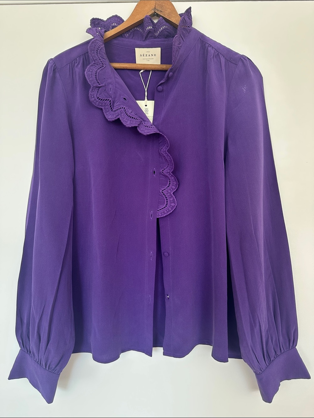 NWT Sezane Chlo Purple Embroidered Silk Blouse